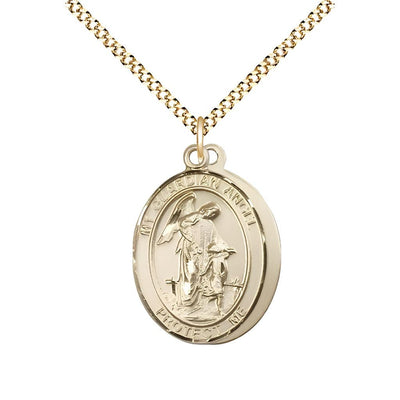 EMT Guardian Angel 14kt Gold-filled Oval Medal Pendant with Gold-plated Chain, Measures 3/4-inch tall by 1/2-inch wide. Deluxe Gift Box, Bliss Manufacturing