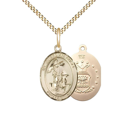 Air Force Guardian Angel 14kt Gold-filled Oval Medal Pendant with Gold-plated Chain, Measures 3/4-inch tall by 1/2-inch wide. Deluxe Gift Box, Bliss Manufacturing