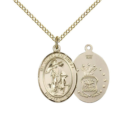 Air Force Guardian Angel 14kt Gold-filled Oval Medal Pendant with Gold-filled Chain, Measures 3/4-inch tall by 1/2-inch wide. Deluxe Gift Box, Bliss Manufacturing