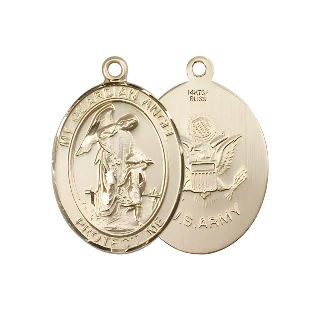 Bliss Army Guardian Angel 14kt Gold-filled Oval Medal Pendant, Measures 3/4-inch tall by 1/2-inch wide.