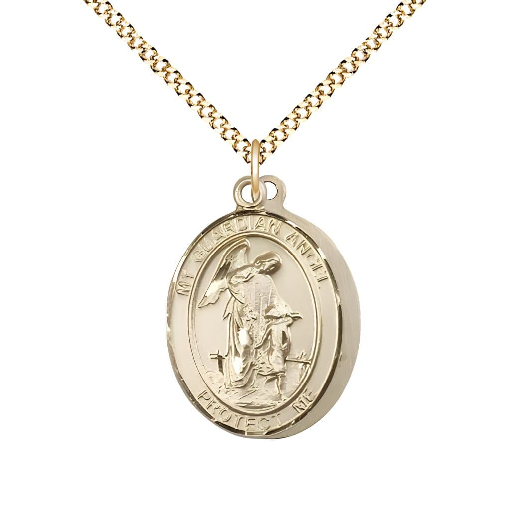 Bliss Coast Guard Guardian Angel 14kt Gold-filled Oval Medal Pendant with Gold-plated Chain, Measures 3/4-inch tall by 1/2-inch wide. Deluxe Gift Box.