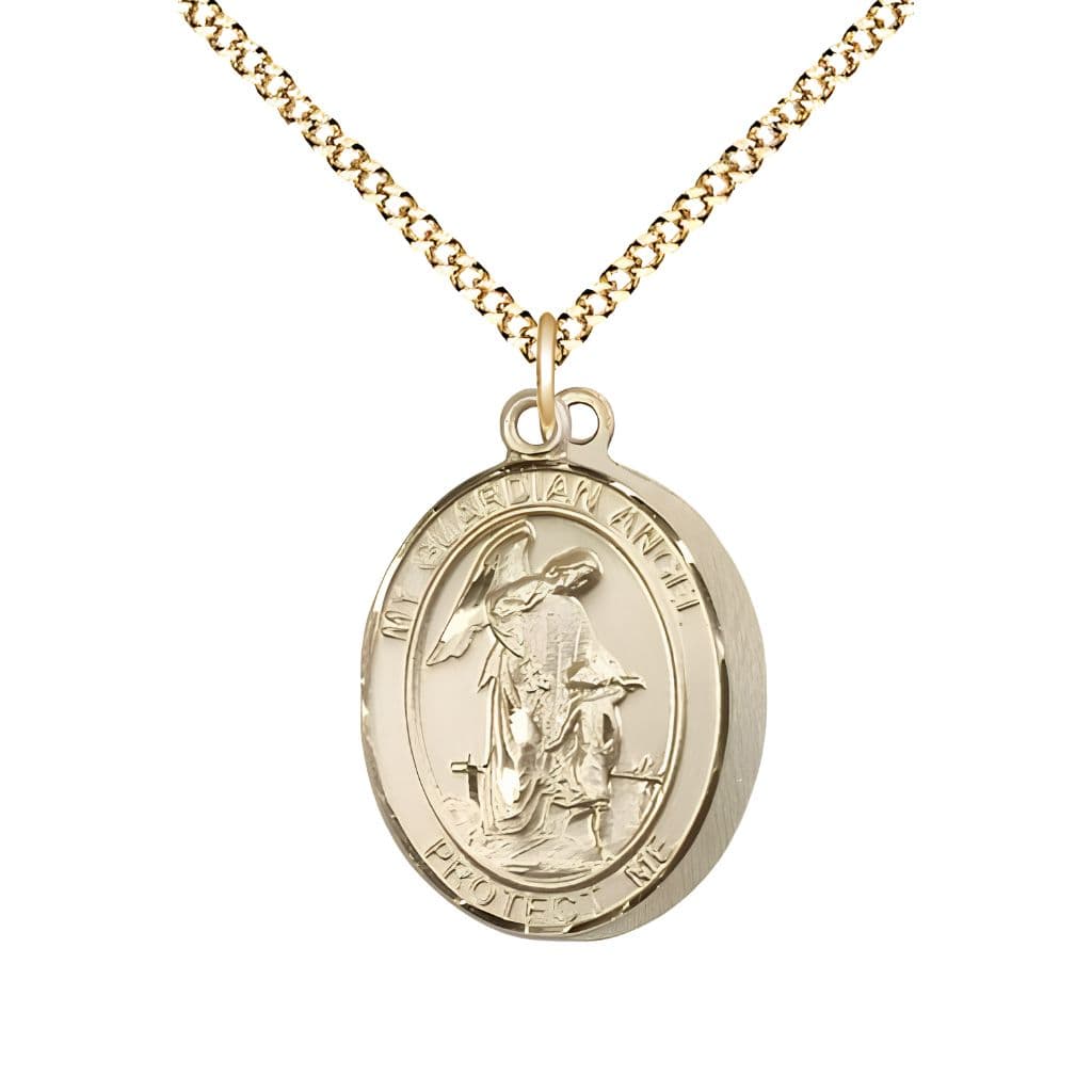 Bliss National Guard Guardian Angel 14kt Gold-filled Oval Medal Pendant with Gold-plated Chain, Measures 3/4-inch tall by 1/2-inch wide. Deluxe Gift Box.