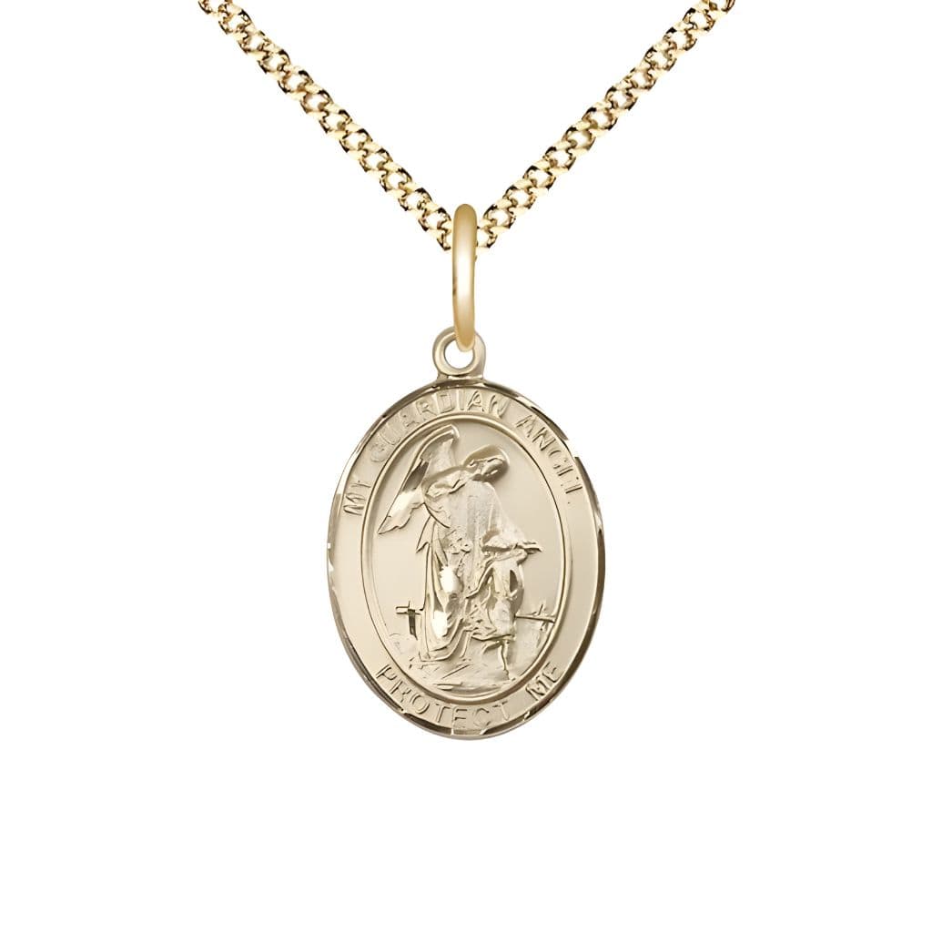 Guardian Angel with Child 14kt Gold-filled Oval Medal Pendant with Gold-plated Chain, Measures 3/4-inch tall by 1/2-inch wide. Deluxe Gift Box, Bliss Manufacturing
