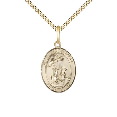 Guardian Angel with Child 14kt Gold-filled Oval Medal Pendant with Gold-plated Chain, Measures 3/4-inch tall by 1/2-inch wide. Deluxe Gift Box, Bliss Manufacturing