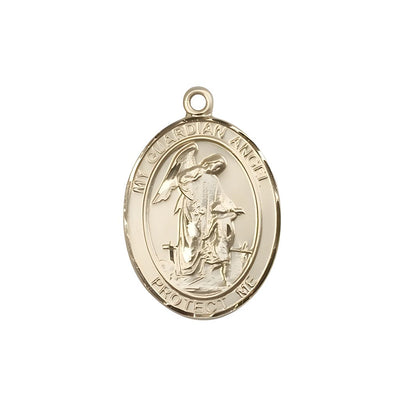 Guardian Angel with Child 14kt Gold Oval Medal Pendant, Measures 3/4-inch tall by 1/2-inch wide. Deluxe Gift Box, Bliss Manufacturing
