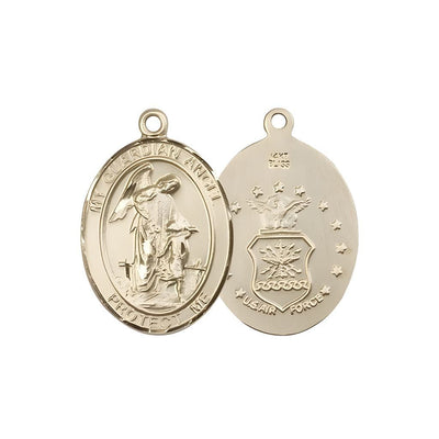 Air Force Guardian Angel 14kt Gold Oval Medal Pendant, Measures 3/4-inch tall by 1/2-inch wide. Deluxe Gift Box, Bliss Manufacturing