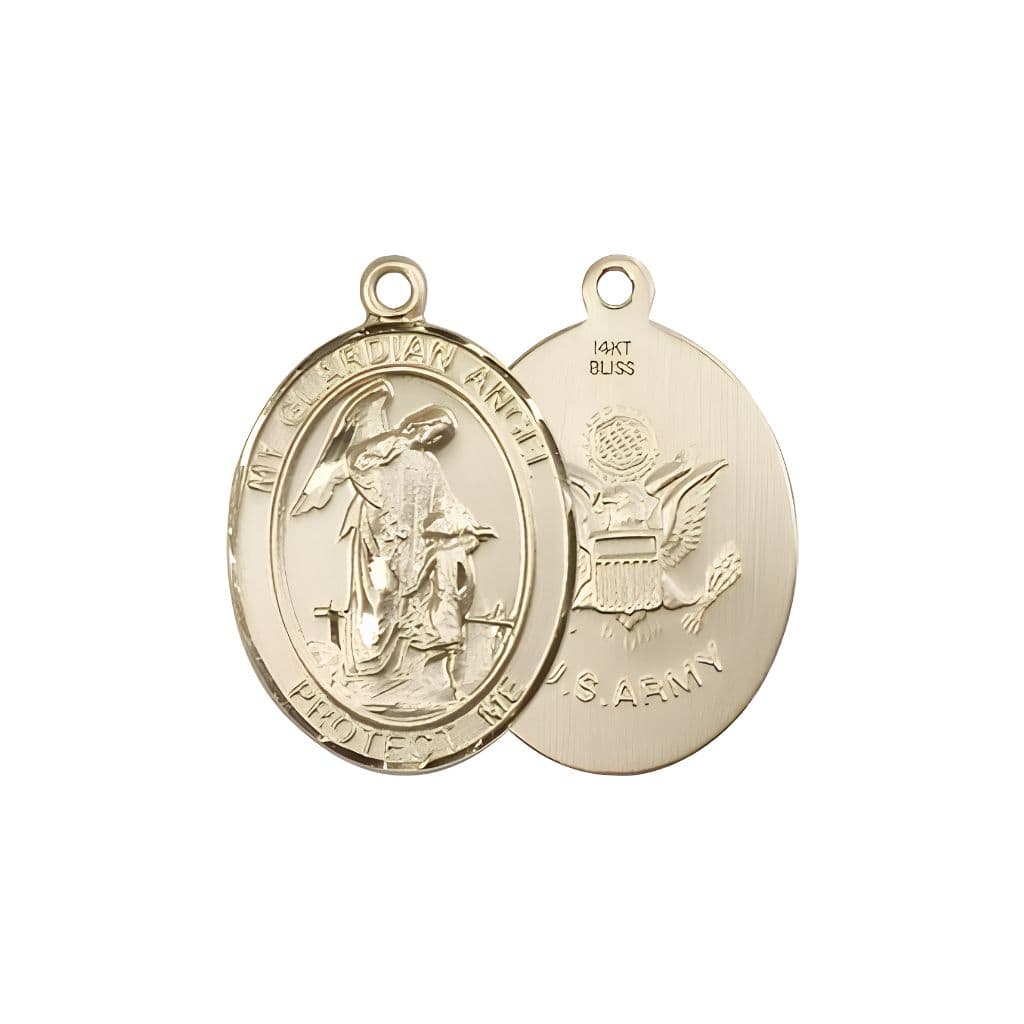 Bliss Army Guardian Angel 14kt Gold Oval Medal Pendant, Measures 3/4-inch tall by 1/2-inch wide. Deluxe Gift Box.