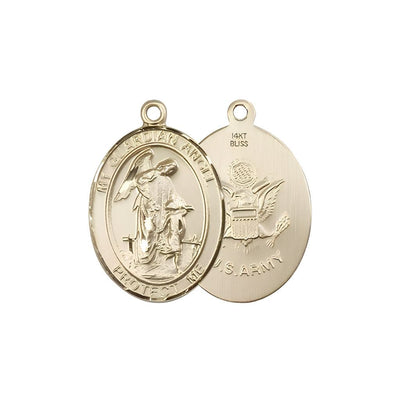 Army Guardian Angel 14kt Gold Oval Medal Pendant, Measures 3/4-inch tall by 1/2-inch wide. Deluxe Gift Box, Bliss Manufacturing