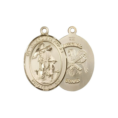 National Guard Guardian Angel 14kt Gold Oval Medal Pendant, Measures 3/4-inch tall by 1/2-inch wide. Deluxe Gift Box, Bliss Manufacturing