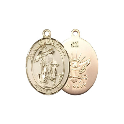 Navy Guardian Angel 14kt Gold Oval Medal Pendant, Measures 3/4-inch tall by 1/2-inch wide. Deluxe Gift Box, Bliss Manufacturing