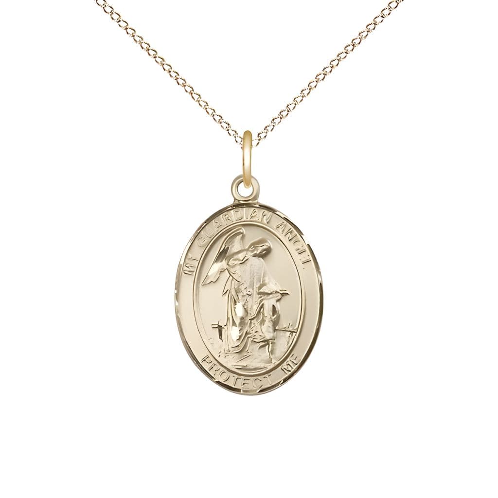 Bliss Guardian Angel with Child 14kt Gold Oval Medal Pendant with 14kt Gold Chain, Measures 3/4-inch tall by 1/2-inch wide. Deluxe Gift Box.