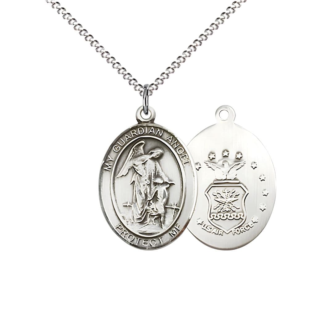 Bliss Air Force Guardian Angel Pewter Oval Medal Pendant with Rhodium-plated Chain, Measures 3/4-inch tall by 1/2-inch wide. Deluxe Gift Box.
