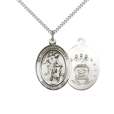 Air Force Guardian Angel Pewter Oval Medal Pendant with Rhodium-plated Chain, Measures 3/4-inch tall by 1/2-inch wide. Deluxe Gift Box, Bliss Manufacturing