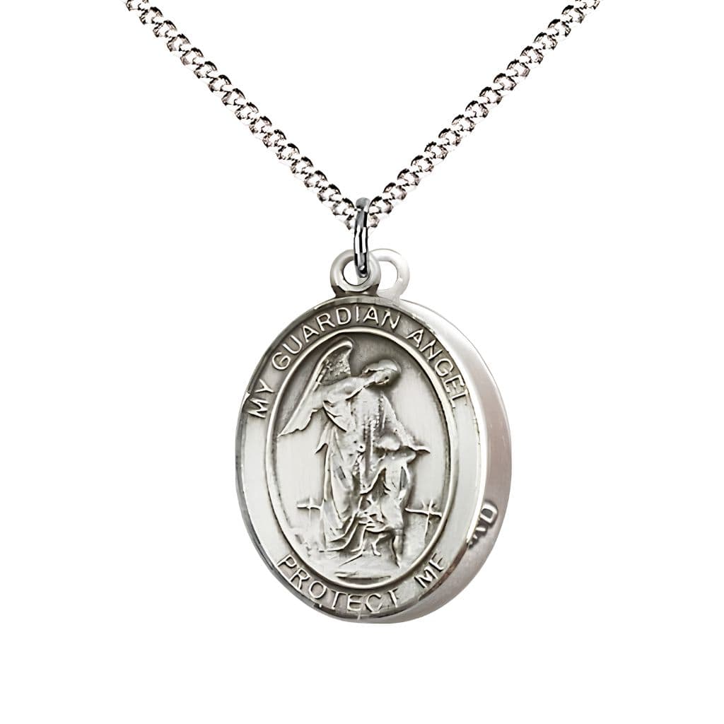 Bliss Coast Guard Guardian Angel Pewter Oval Medal Pendant with Rhodium-plated Chain, Measures 3/4-inch tall by 1/2-inch wide. Deluxe Gift Box.