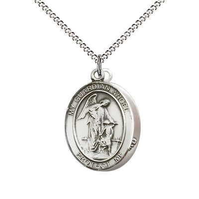 Coast Guard Guardian Angel Pewter Oval Medal Pendant with Rhodium-plated Chain, Measures 3/4-inch tall by 1/2-inch wide. Deluxe Gift Box, Bliss Manufacturing