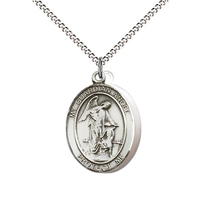 National Guard Guardian Angel Pewter Oval Medal Pendant with Rhodium-plated Chain, Measures 3/4-inch tall by 1/2-inch wide. Deluxe Gift Box, Bliss Manufacturing