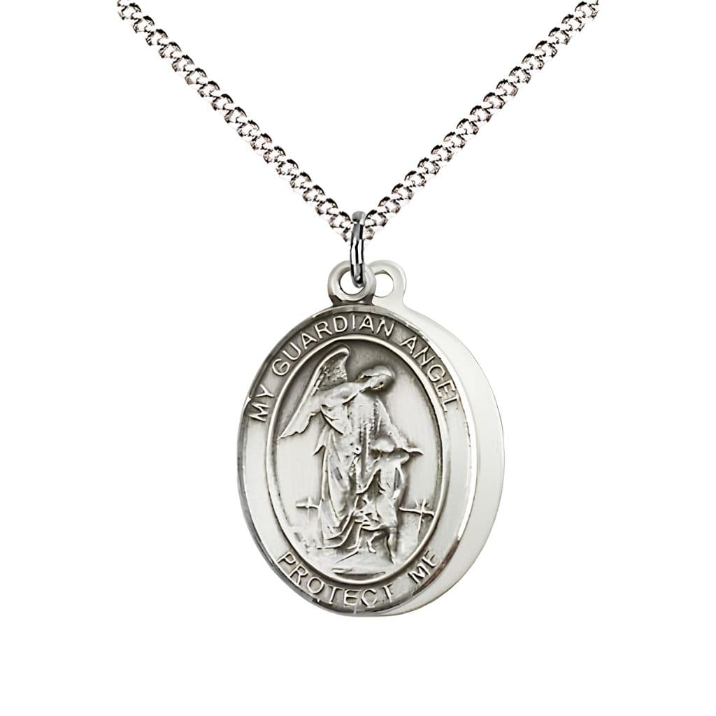 Bliss Navy Guardian Angel Pewter Oval Medal Pendant with Rhodium-plated Chain, Measures 3/4-inch tall by 1/2-inch wide. Deluxe Gift Box.