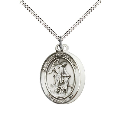 Navy Guardian Angel Pewter Oval Medal Pendant with Rhodium-plated Chain, Measures 3/4-inch tall by 1/2-inch wide. Deluxe Gift Box, Bliss Manufacturing
