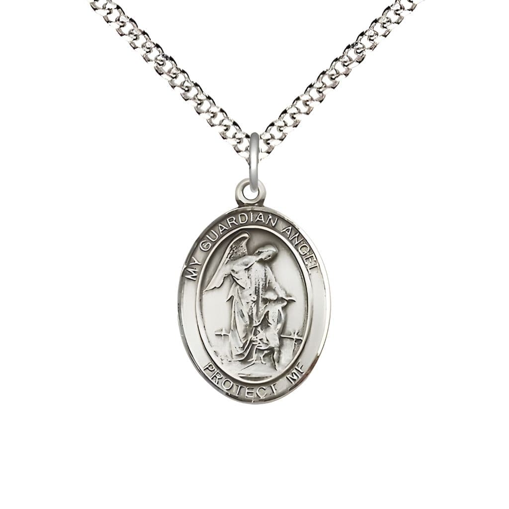 Bliss Guardian Angel with Child Pewter Oval Medal Pendant with Rhodium-plated Chain, Measures 3/4-inch tall by 1/2-inch wide. Deluxe Gift Box.