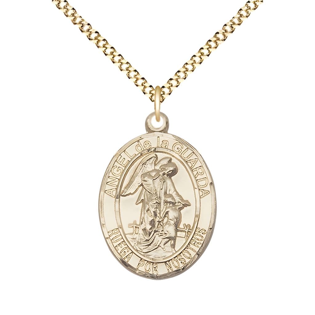 Spanish Angel de la Guarda 14kt Gold-filled Oval Medal Pendant with Gold-plated Chain, Measures 3/4-inch tall by 1/2-inch wide. Deluxe Gift Box, Bliss Manufacturing