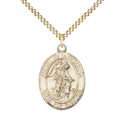 Spanish Angel de la Guarda 14kt Gold-filled Oval Medal Pendant with Gold-plated Chain, Measures 3/4-inch tall by 1/2-inch wide. Deluxe Gift Box, Bliss Manufacturing