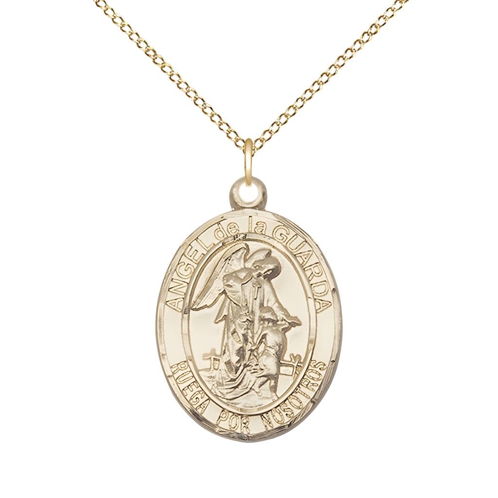 Spanish Angel de la Guarda 14kt Gold-filled Oval Medal Pendant with Gold-filled Chain, Measures 3/4-inch tall by 1/2-inch wide. Deluxe Gift Box, Bliss Manufacturing