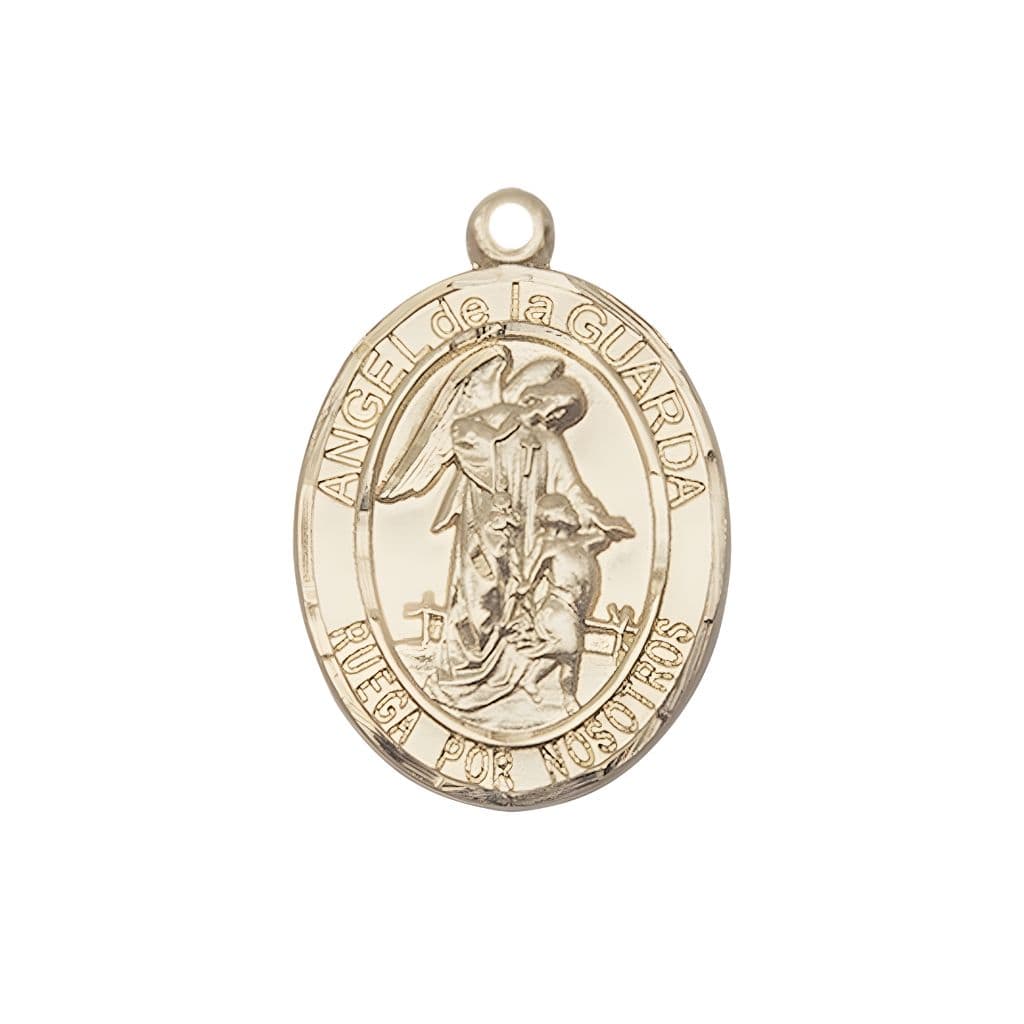 Spanish Angel de la Guarda 14kt Gold Oval Medal Pendant, Measures 3/4-inch tall by 1/2-inch wide. Deluxe Gift Box, Bliss Manufacturing