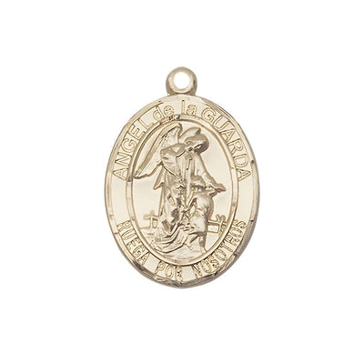 Spanish Angel de la Guarda 14kt Gold Oval Medal Pendant, Measures 3/4-inch tall by 1/2-inch wide. Deluxe Gift Box, Bliss Manufacturing