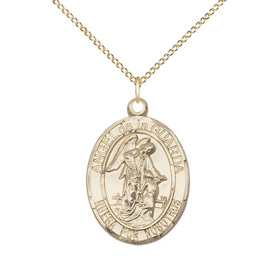 Spanish Angel de la Guarda 14kt Gold Oval Medal Pendant with 14kt Gold Chain, Measures 3/4-inch tall by 1/2-inch wide. Deluxe Gift Box, Bliss Manufacturing