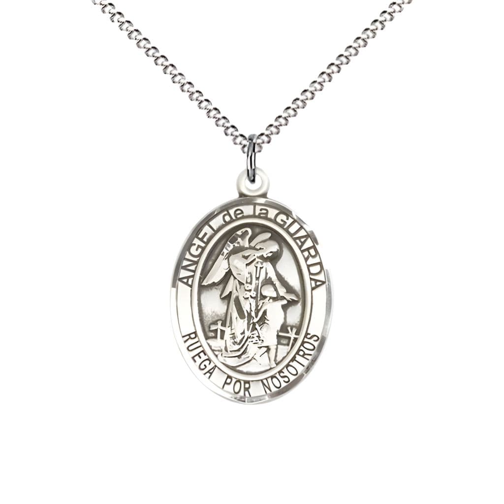 Bliss Spanish Angel de la Guarda Sterling Silver Oval Medal Pendant with Rhodium-plated Chain, Measures 3/4-inch tall by 1/2-inch wide. Deluxe Gift Box.
