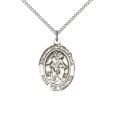 Spanish Angel de la Guarda Sterling Silver Oval Medal Pendant with Rhodium-plated Chain, Measures 3/4-inch tall by 1/2-inch wide. Deluxe Gift Box, Bliss Manufacturing