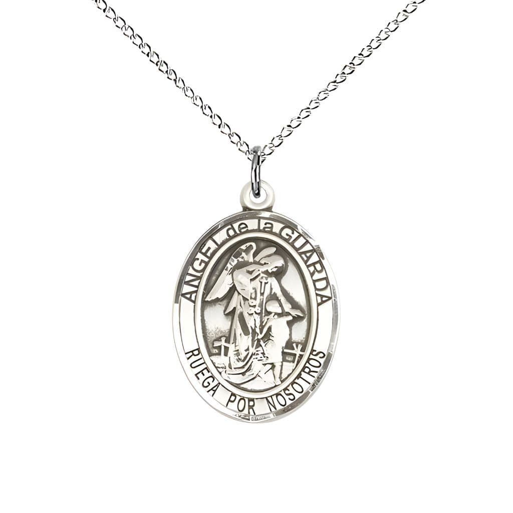 Bliss Spanish Angel de la Guarda Sterling Silver Oval Medal Pendant with Sterling Chain, Measures 3/4-inch tall by 1/2-inch wide. Deluxe Gift Box.