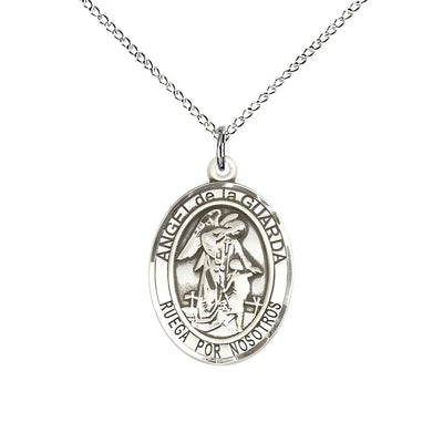 Spanish Angel de la Guarda Sterling Silver Oval Medal Pendant with Sterling Chain, Measures 3/4-inch tall by 1/2-inch wide. Deluxe Gift Box, Bliss Manufacturing