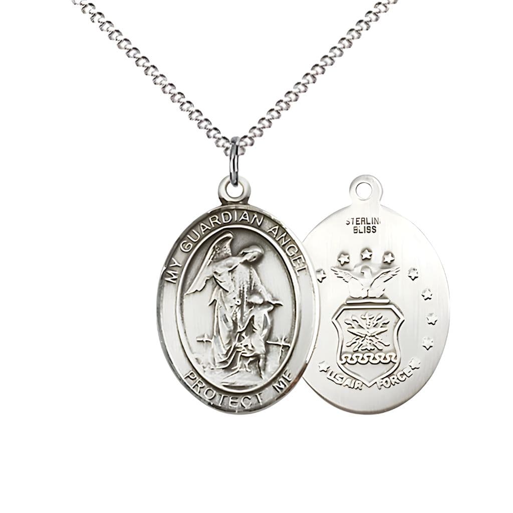 Bliss Air Force Guardian Angel Sterling Silver Oval Medal Pendant with Rhodium-plated Chain, Measures 3/4-inch tall by 1/2-inch wide. Deluxe Gift Box.