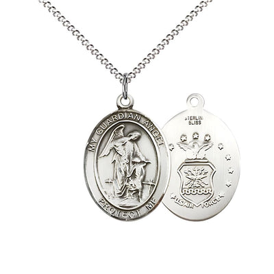 Air Force Guardian Angel Sterling Silver Oval Medal Pendant with Rhodium-plated Chain, Measures 3/4-inch tall by 1/2-inch wide. Deluxe Gift Box, Bliss Manufacturing