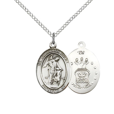 Air Force Guardian Angel Sterling Silver Oval Medal Pendant with Sterling Chain, Measures 3/4-inch tall by 1/2-inch wide. Deluxe Gift Box, Bliss Manufacturing
