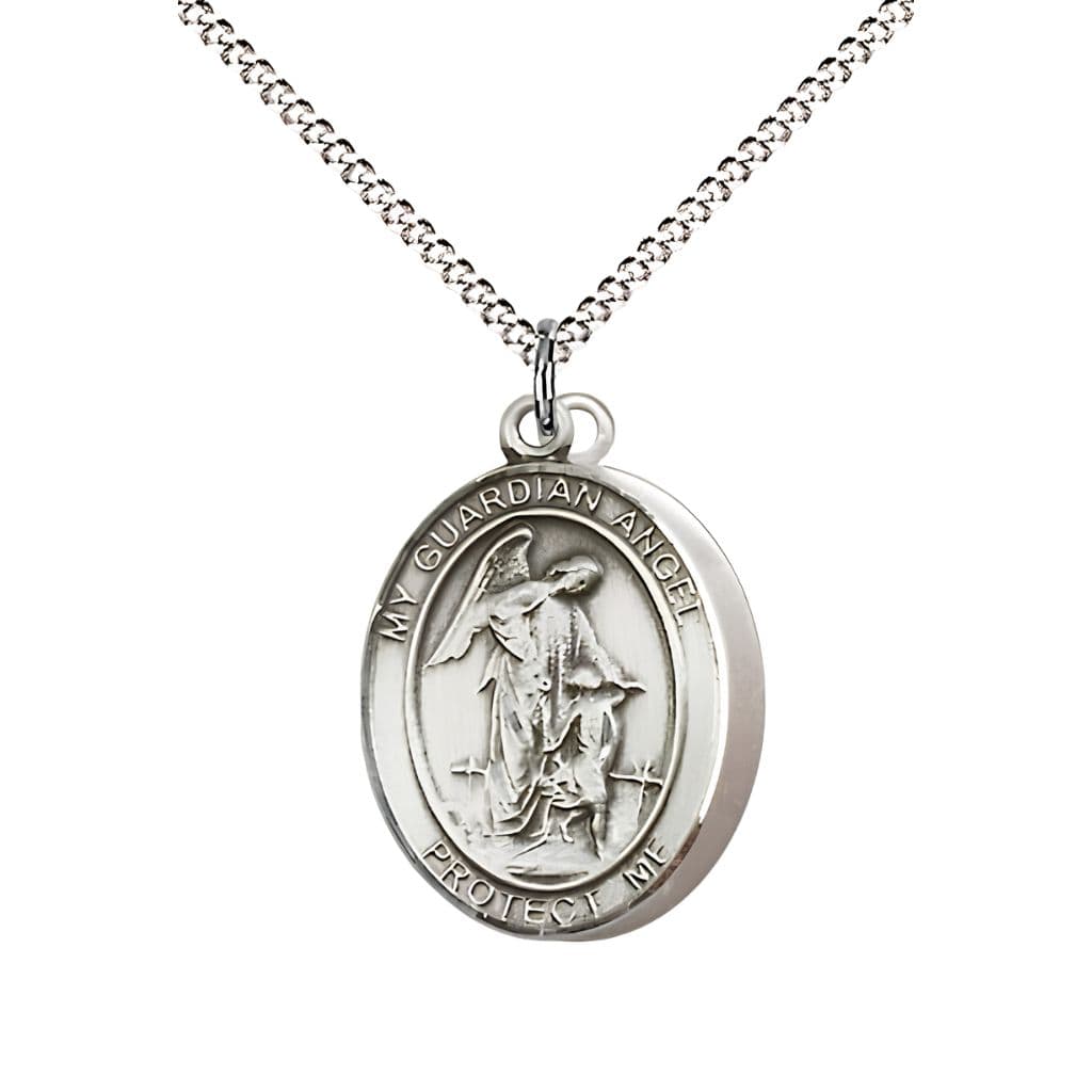 Bliss Army Guardian Angel Sterling Silver Oval Medal Pendant with Rhodium-plated Chain, Measures 3/4-inch tall by 1/2-inch wide. Deluxe Gift Box.