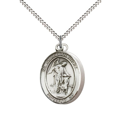 Army Guardian Angel Sterling Silver Oval Medal Pendant with Rhodium-plated Chain, Measures 3/4-inch tall by 1/2-inch wide. Deluxe Gift Box, Bliss Manufacturing