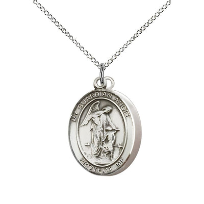 Army Guardian Angel Sterling Silver Oval Medal Pendant with sterling Silver Chain, Measures 3/4-inch tall by 1/2-inch wide. Deluxe Gift Box, Bliss Manufacturing
