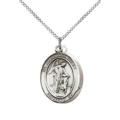 Coast Guard Guardian Angel Sterling Silver Oval Medal Pendant with Sterling Chain, Measures 3/4-inch tall by 1/2-inch wide. Deluxe Gift Box, Bliss Manufacturing