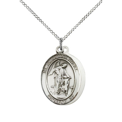 Navy Guardian Angel Sterling Silver Oval Medal Pendant with Sterling Silver Chain, Measures 3/4-inch tall by 1/2-inch wide. Deluxe Gift Box, Bliss Manufacturing