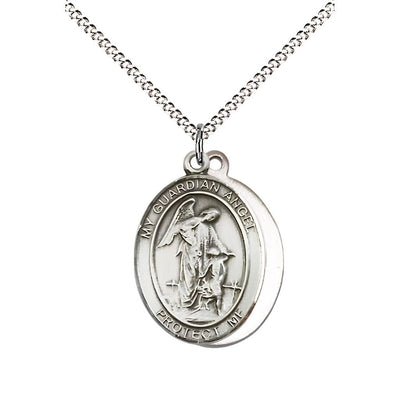 Paratrooper Guardian Angel Sterling Silver Oval Medal Pendant with Rhodium-plated Chain, Measures 3/4-inch tall by 1/2-inch wide. Deluxe Gift Box, Bliss Manufacturing