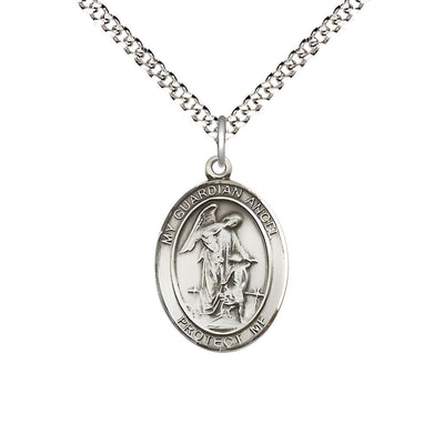 Guardian Angel with Child Sterling Silver Oval Medal Pendant with Rhodium-plated Chain, Measures 3/4-inch tall by 1/2-inch wide. Deluxe Gift Box, Bliss Manufacturing