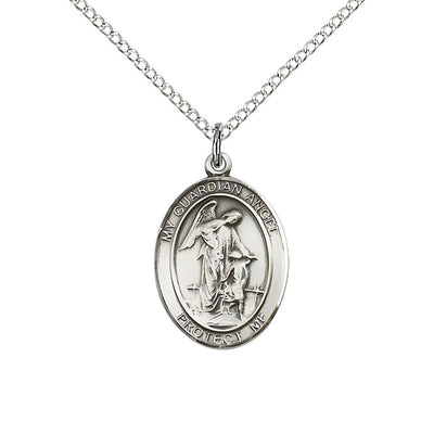 Guardian Angel with Child Sterling Silver Oval Medal Pendant with Sterling Chain, Measures 3/4-inch tall by 1/2-inch wide. Deluxe Gift Box, Bliss Manufacturing