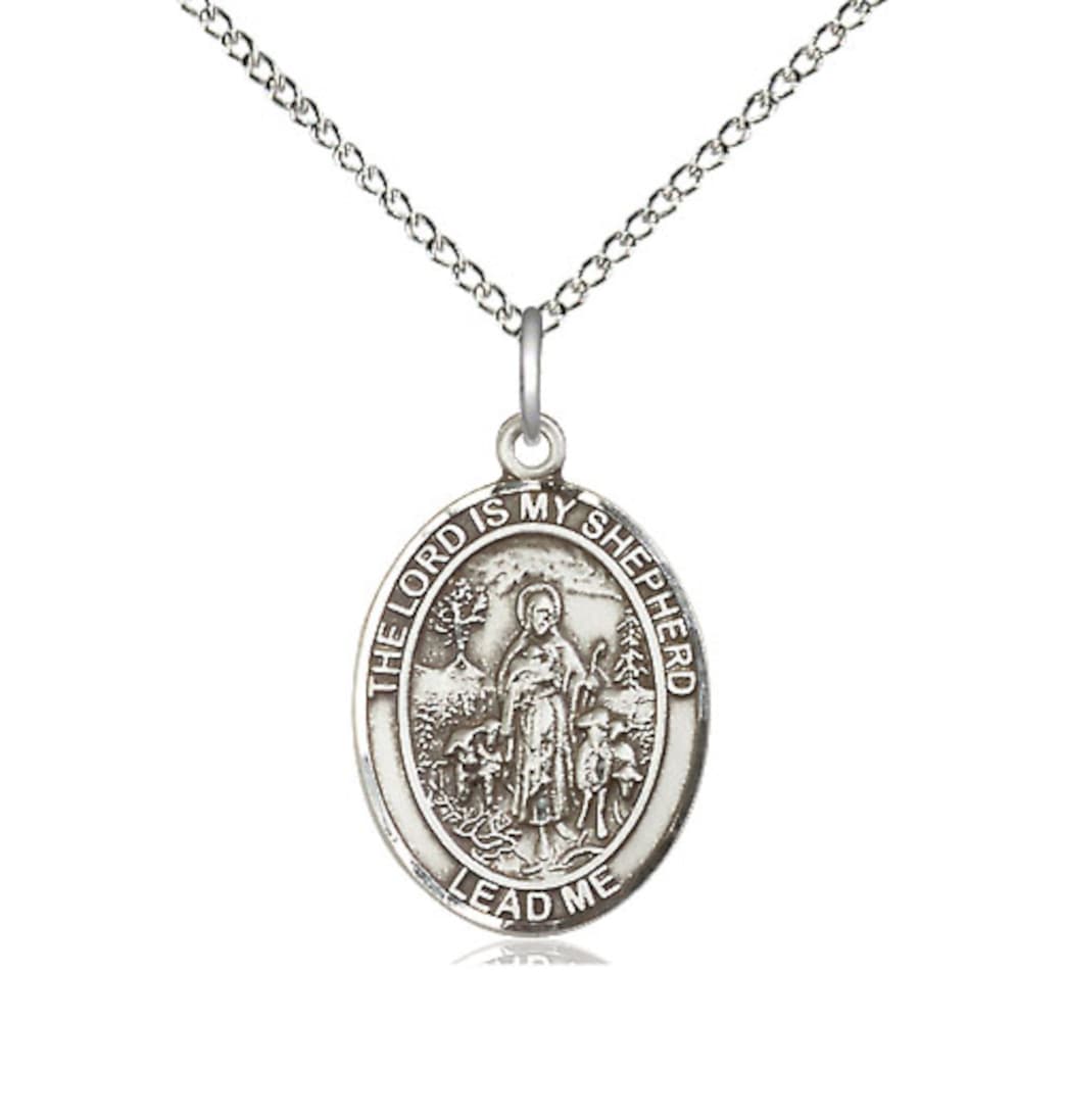 Bliss Lord Is My Shepherd Sterling Silver Medium Oval Medal Necklace with Sterling Chain,