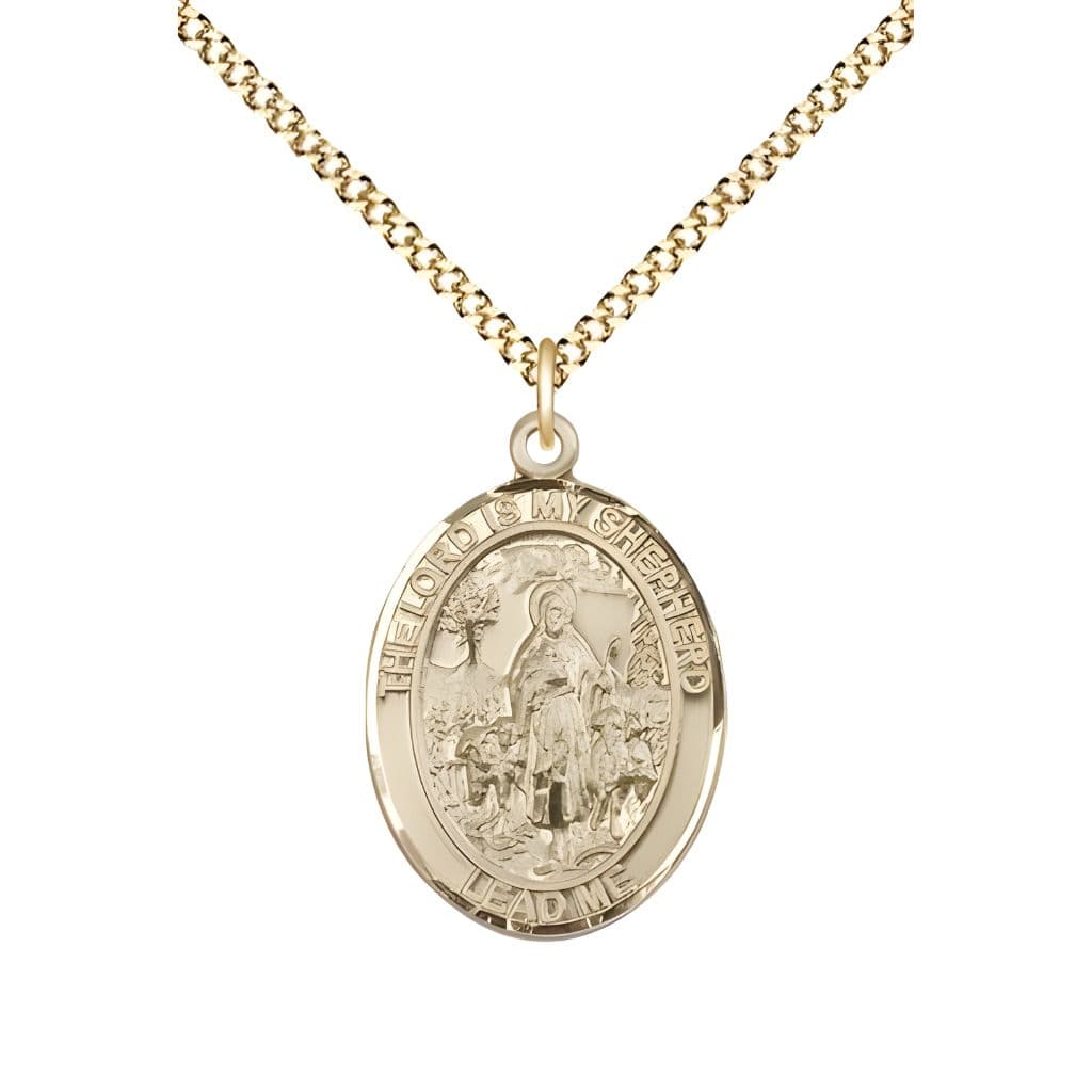 Bliss Lord Is My Shepherd 14kt Gold-filled Oval Medal Pendant with Gold-plated Chain, Measures 3/4-inch tall by 1/2-inch wide.