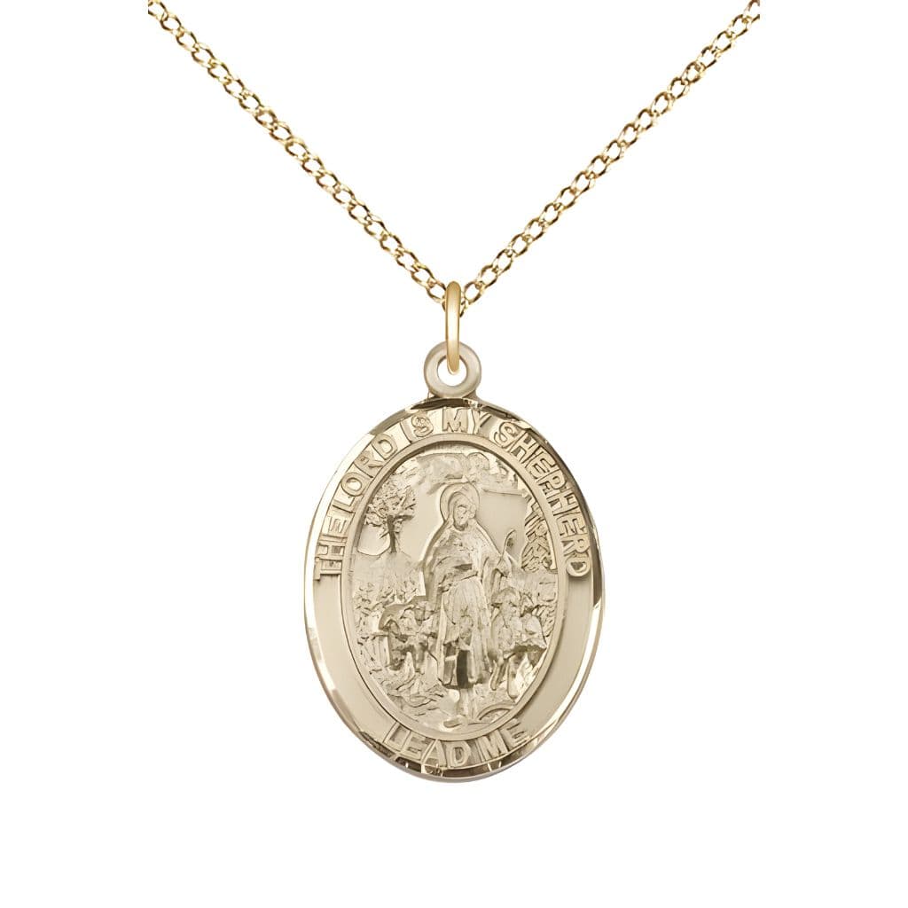 Bliss Lord Is My Shepherd 14kt Gold Oval Medal Pendant with 14kt Gold Chain, Measures 3/4-inch tall by 1/2-inch wide.