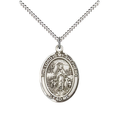 Lord Is My Shepherd Sterling Silver Oval Medal Pendant with Rhodium-plated Chain, Measures 3/4-inch tall by 1/2-inch wide, Bliss Manufacturing