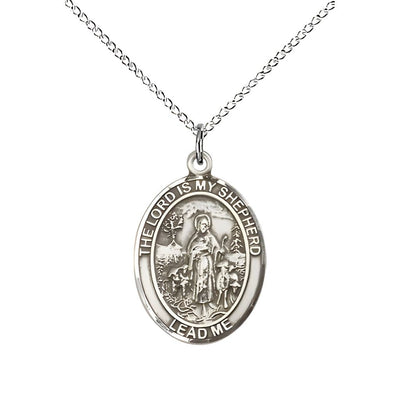 Lord Is My Shepherd Sterling Silver Oval Medal Pendant with Sterling Silver Chain, Measures 3/4-inch tall by 1/2-inch wide, Bliss Manufacturing
