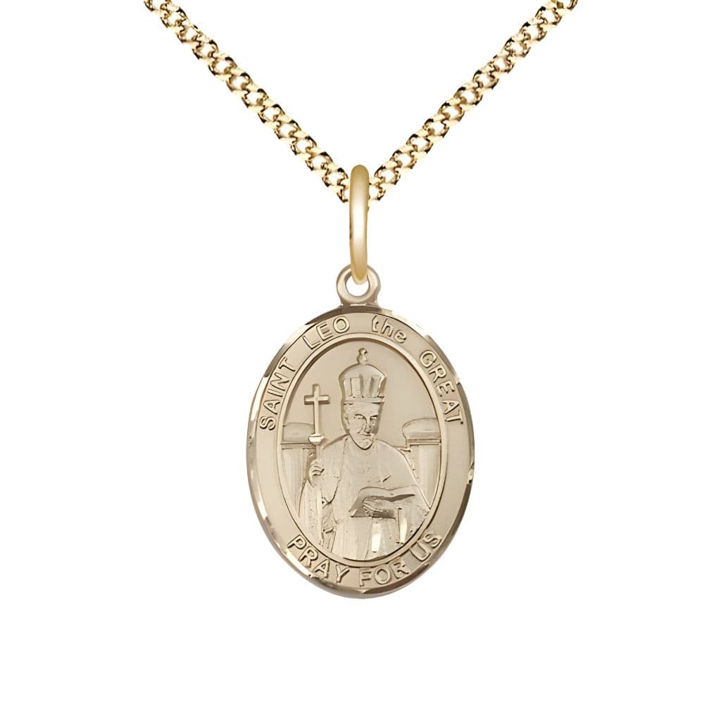 Bliss St. Leo the Great 14kt Gold-filled Oval Medal Pendant with Gold-plated Chain, Measures 3/4-inch tall by 1/2-inch wide.